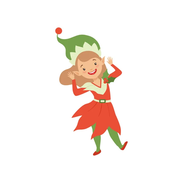 Cute happy Christmas elf girl, little Santa Claus helper vector Illustration on a white background — Stock Vector