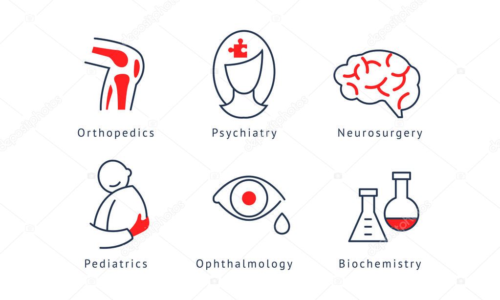 Medical specialization symbols set, orthopedics, psychiatry, neurosurgery, biochemistry, pediatrics, ophthalmology vector Illustration isolated on a white background.