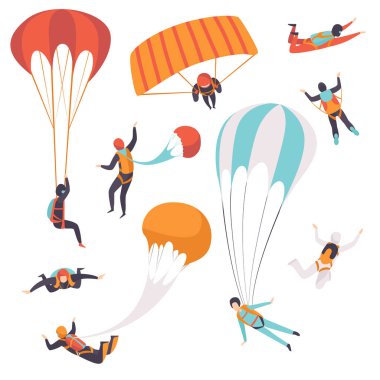 Paraşüt kümesiyle inen paraşütçüler skydiving, aşırı spor paraşütle atlama beyaz bir arka plan üzerinde illüstrasyon vektör