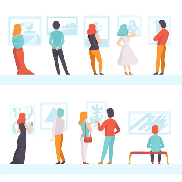 People looking at the paintings hanging on the wall set, exhibition visitors viewing museum exhibit at art gallery, back view vector Illustration on a white background — Stock Vector