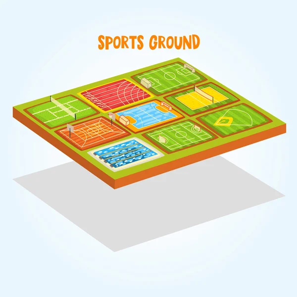 Sportplatzset, Tennis, Leichtathletik, Fußball, Fußball, Basketball, Handball, Baseballstadion, Schwimmbadvektordarstellung — Stockvektor