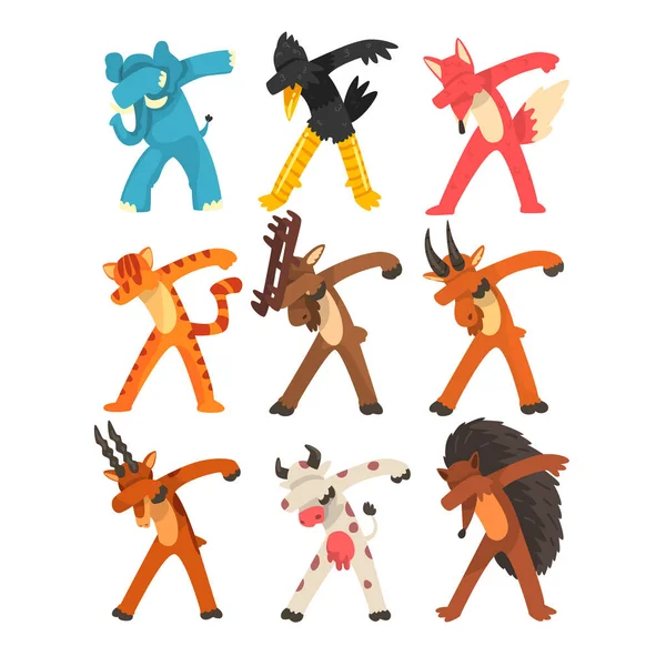 Verschillende dieren permanent in dub poses set dancing, cute cartoon gehumaniseerd dieren doen nasynchronisatie vector illustratie op een witte achtergrond — Stockvector