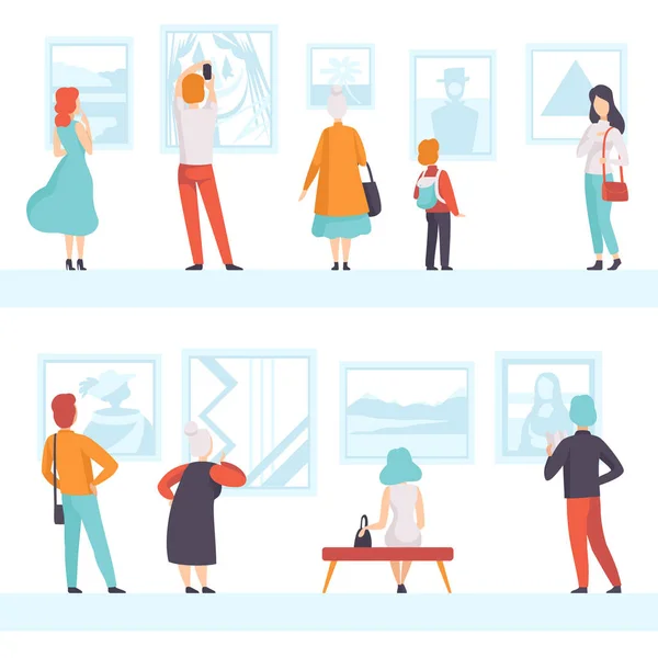 People of different ages looking at the pictures hanging on the wall, exhibition visitors viewing museum exhibits at art gallery, back view vector Illustration on a white background — Stock Vector