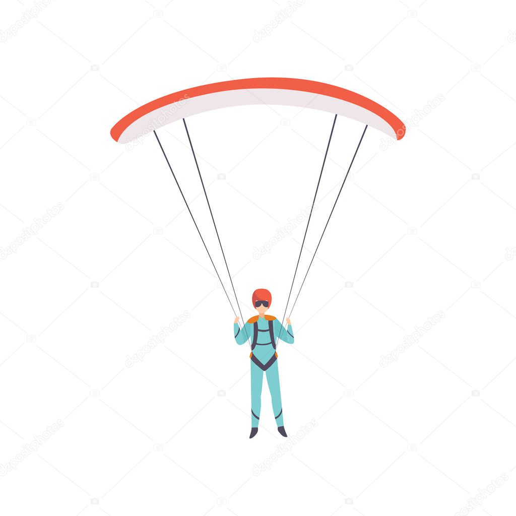 Skydiver flying with a parachute, extreme sport, leisure activity concept vector Illustration on a white background