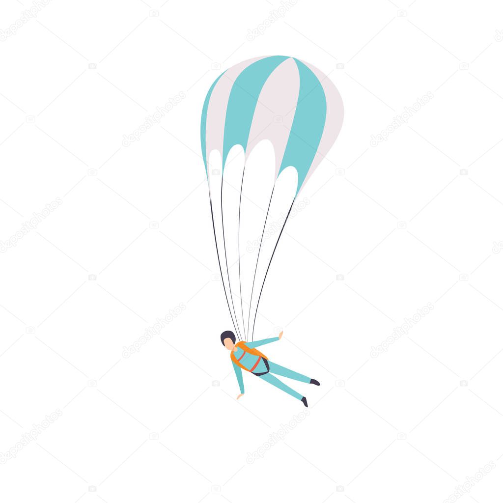 Paratrooper flying with a parachute,, extreme sport, leisure activity concept vector Illustration on a white background