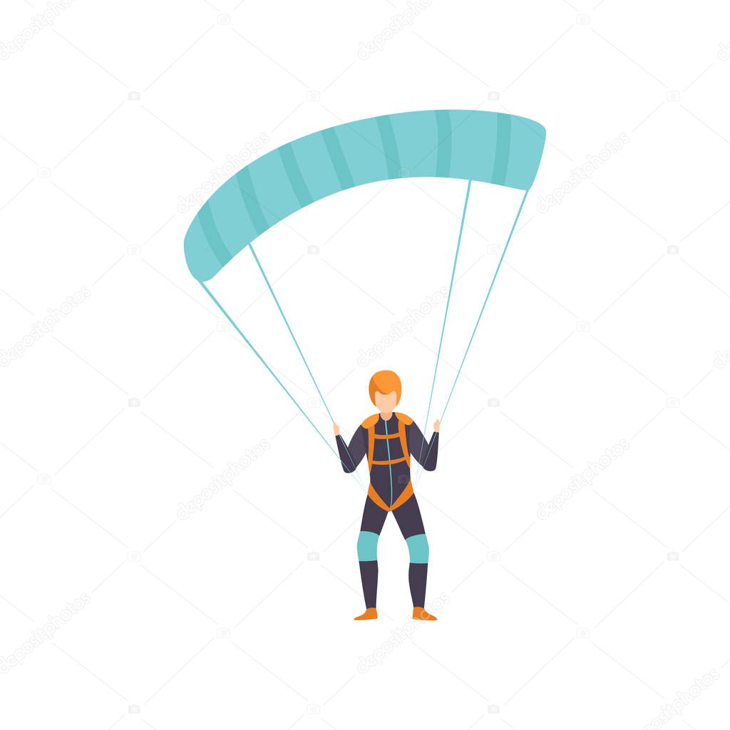 Skydiver flying with a parachute, skydiving, parachuting extreme sport vector Illustration on a white background