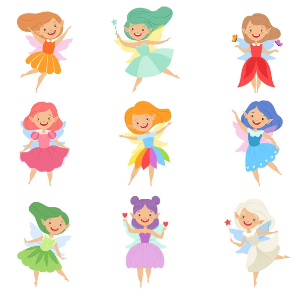 Bonito belas fadas aladas, meninas encantadoras com cabelo e vestido de diferentes cores vetor Ilustração em um fundo branco — Vetor de Stock