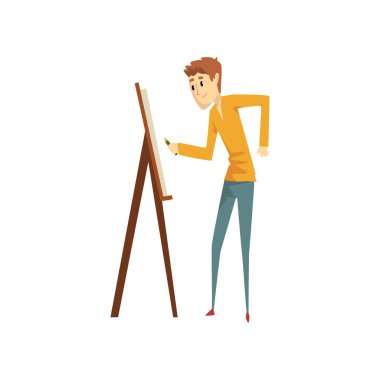 Tuval ayakta şövale, yetenekli erkek ressam karakteri, yaratıcı sanatsal hobi ve meslek yakınındaki üzerinde resmi ressamın üzerinde beyaz bir arka plan illüstrasyon vektör