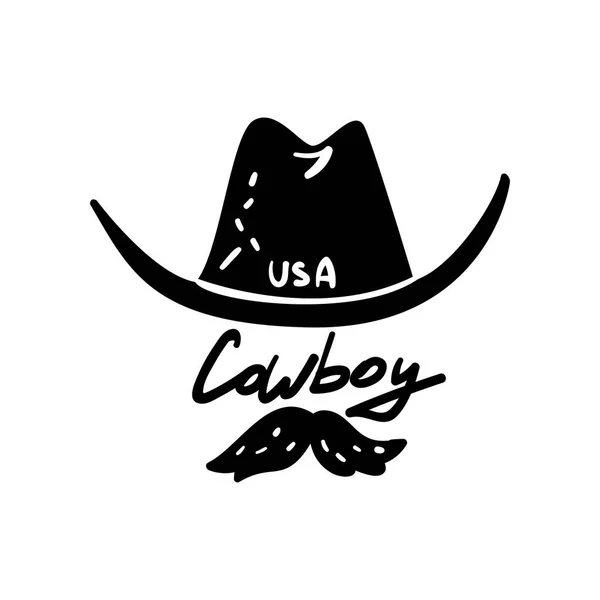 Cappello e baffi da cowboy, simbolo USA, elemento di design retrò disegnato a mano per logo, distintivo vettoriale Illustrazione su sfondo bianco — Vettoriale Stock