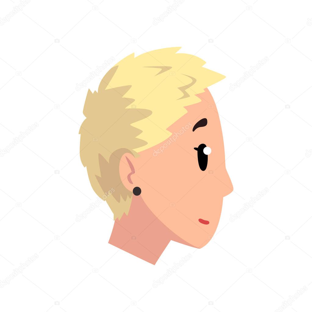Head of girl with short blonde hair, profile of young woman with fashion hairstyle vector Illustration on a white background