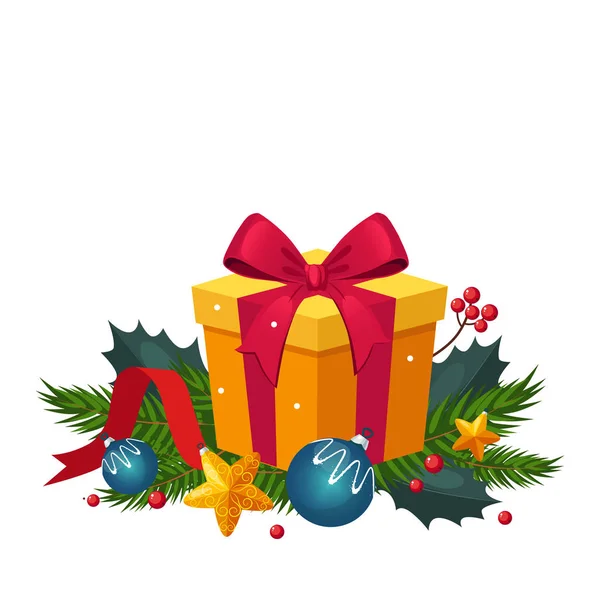 Decorazione natalizia con abete e regalo. Vettore di vacanze — Vettoriale Stock