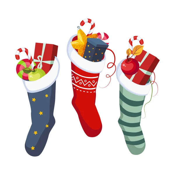 Calcetines de Navidad con regalos. Vector de invierno — Vector de stock