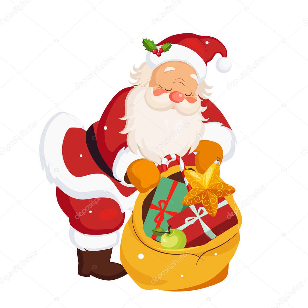 Santa Claus holding a Sack with Toys. Christmas Vector