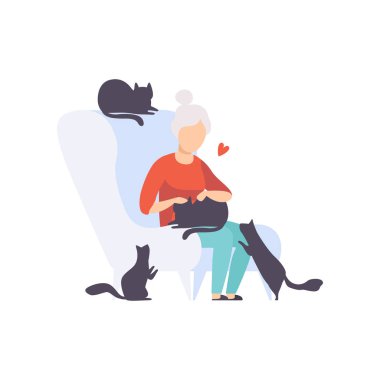 Siyah kedi, Sevimli evcil hayvan ve beyaz bir arka plan üzerinde onların sahibi vektör çizim çevrili koltuk oturan yaşlı kadın