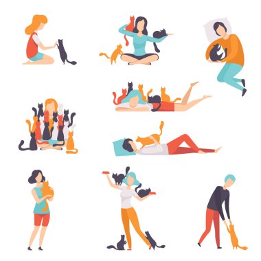 İnsanlar, sarılma bakmakta ve onların cats kümesiyle oynayan sevimli Evcil hayvan sahiplerinin illüstrasyon beyaz bir arka plan üzerinde vektör ve