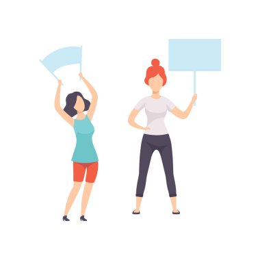 Boş panoları tutan genç kadın hakları, etkin konumunu ifade kızlar barış protesto kavramı vektör çizim beyaz bir arka plan üzerinde