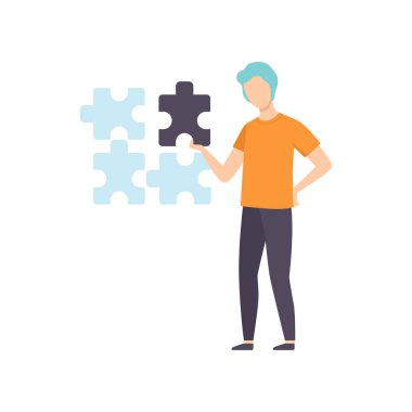 Genç adam bağlantı bulmaca öğeleri birlikte, fikir olan işadamı üzerinde beyaz bir arka plan illüstrasyon vektör