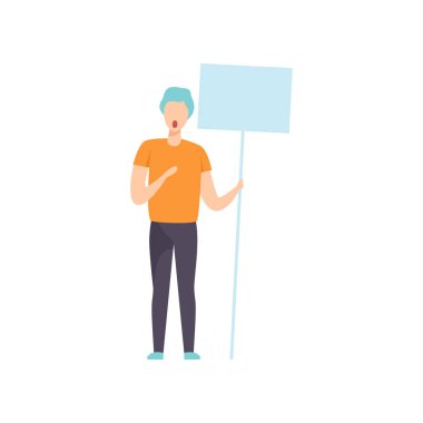 Boş masa, gösteri kazık, barış protesto kavramı vektör çizim beyaz bir arka plan herife tutan genç adam