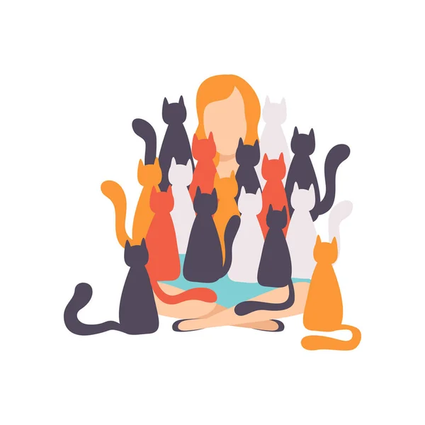 Nő ül a földön körül sok macskák, imádnivaló háziállat és a tulajdonos vektoros illusztráció egy fehér háttér — Stock Vector