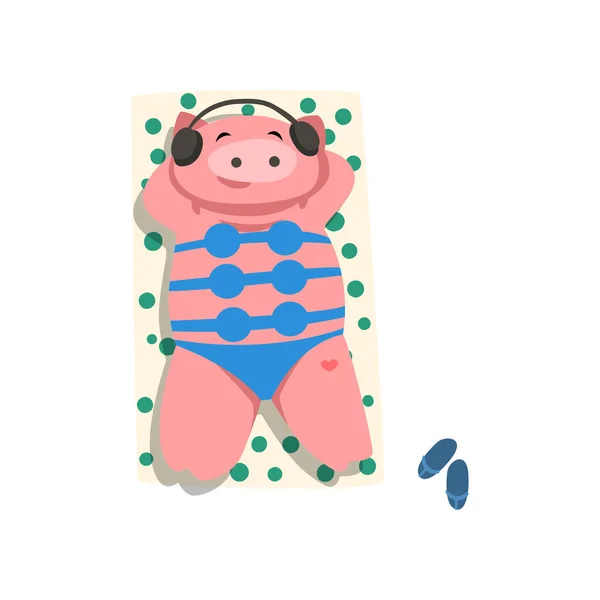 Cochon avec casque et bain de soleil bikini sur la plage, personnage de dessin animé oiseau mignon relaxant sur le bord de la mer pendant les vacances d'été vecteur Illustration sur un fond blanc — Image vectorielle