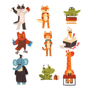 Eğitim ve Kitaplar seti okuma hayvanlar, çizgi film karakterleri, okul eğitim ve bilgi kavramı vektör çizim beyaz bir arka plan sevimli hayvanlar çocuklar