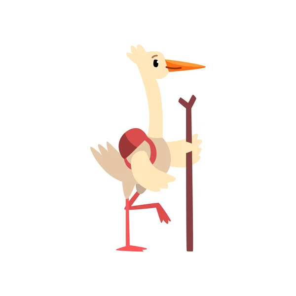 Carino cicogna uccello personaggio dei cartoni animati in viaggio con zaino e roba vettore Illustrazione su uno sfondo bianco — Vettoriale Stock
