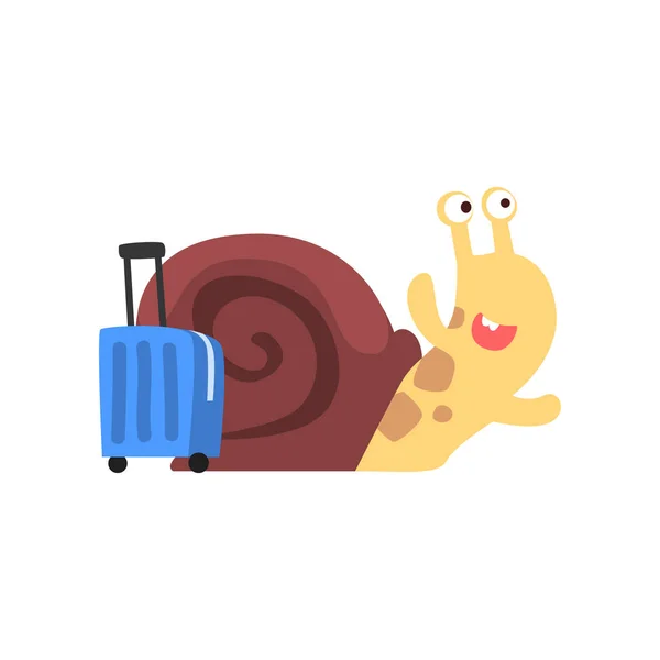 逗人喜爱的滑稽花园蜗牛旅行与手提箱向量例证在白色背景 — 图库矢量图片