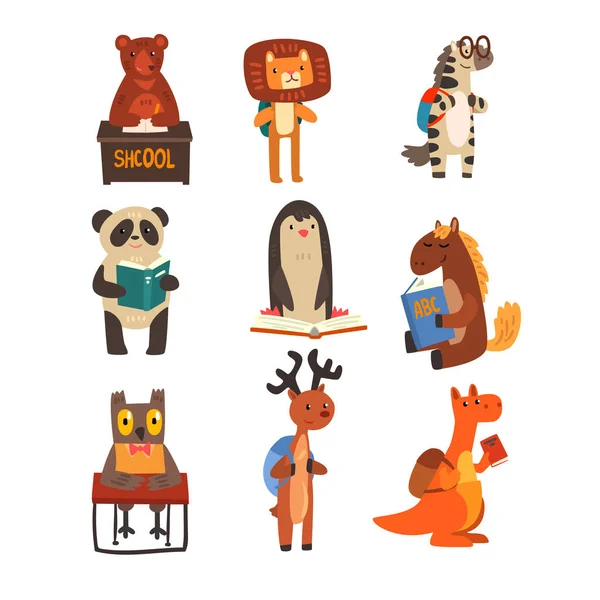 Animales estudiar y leer libros conjunto, animales lindos personajes de dibujos animados, educación escolar y vector concepto de conocimiento Ilustración sobre un fondo blanco — Vector de stock