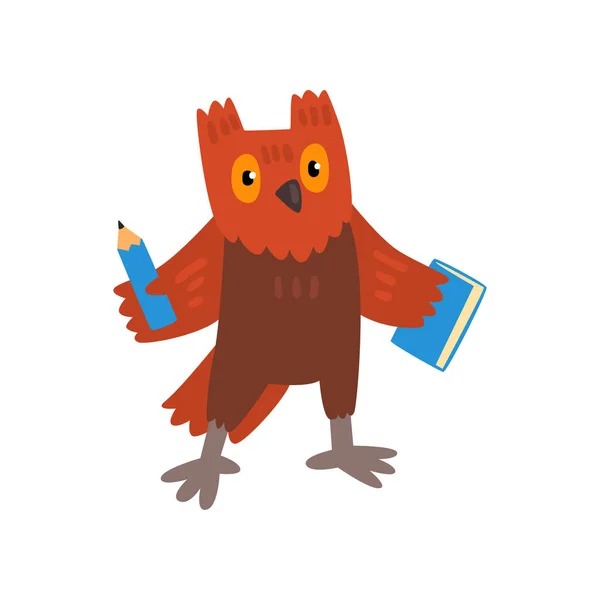 Bonito coruja pássaro desenho animado personagem com lápis e livro, educação escolar e conhecimento conceito vetor Ilustração em um fundo branco — Vetor de Stock