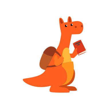 Şirin Kanguru hayvan çizgi film karakteri ayakta sırt çantası ve kitap, okul eğitim ve bilgi kavramı vektör çizim beyaz bir arka plan ile