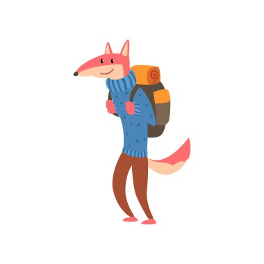 Hayvan macera seyahat veya kamp gezisi vektör çizim üzerinde beyaz bir arka plan hiking sahip sırt çantası ile sevimli seyahat tilki çizgi film