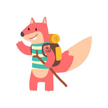 Sırt çantası ve personel, şirin ile seyahat Fox hayvan macera seyahat veya kamp gezisi vektör çizim üzerinde beyaz bir arka plan hiking sahip çizgi film