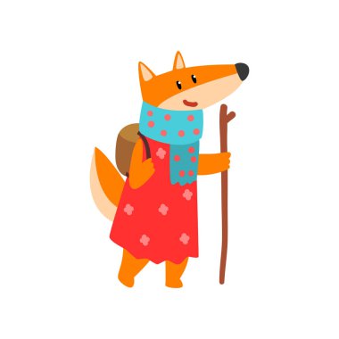 Sırt çantası ve personel, şirin ile seyahat Fox hayvan macera seyahat veya kamp gezisi vektör çizim üzerinde beyaz bir arka plan hiking sahip çizgi film