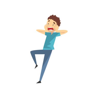 Elleri yüzünde ile genç adam korku ve panik, duygusal adam bir şeyden korkuyor vektör çizim üzerinde beyaz bir arka plan