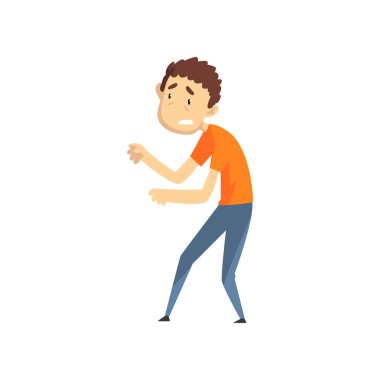 Genç adam çok korkmuş yüz ifadesi ile duygusal adam bir şeyden korkuyor vektör çizim üzerinde beyaz bir arka plan