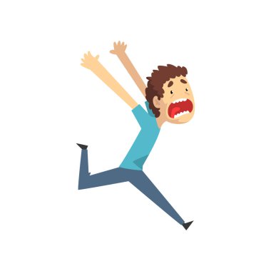 Çalışan ve umutsuzca, duygusal adam bir şeyden korkuyor çığlık paniğe kapılmış genç adam beyaz bir arka plan üzerinde illüstrasyon vektör