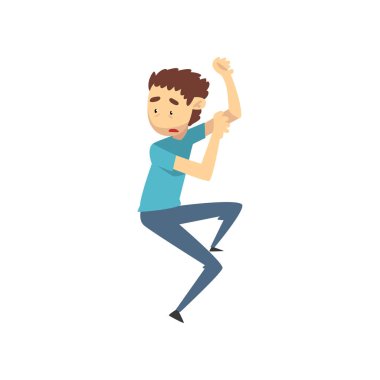 Korkmuş genç adam çok korkmuş yüz ifadesi ile duygusal adam bir şeyden korkuyor vektör çizim üzerinde beyaz bir arka plan