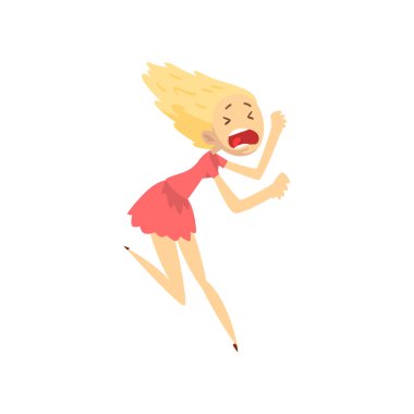 Korkmuş ve panik çalışan, duygusal genç kadın kız bir şeyden korkuyor üzerinde beyaz bir arka plan illüstrasyon vektör