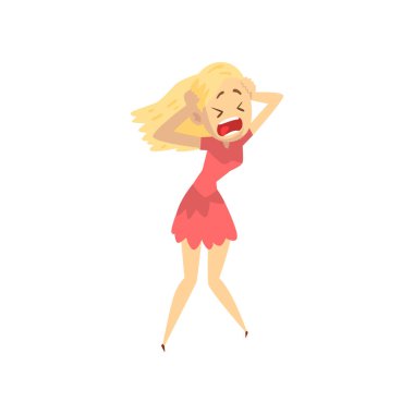 Korkmuş ve panik kızla onun ellerini başının üstüne koy, duygusal genç kadın bir şeyden korkuyor vektör çizim üzerinde beyaz bir arka plan