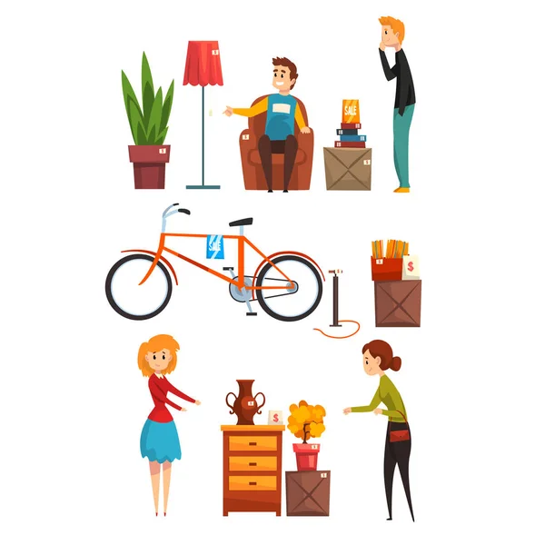 People buying and selling items at a garage sale set vector Illustration on a white background — Stock Vector