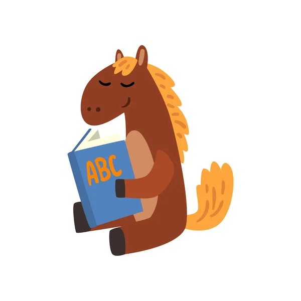 Leuk paard dier cartoon teken lezen van een boek, schoolonderwijs en kennis concept vector illustratie op een witte achtergrond — Stockvector