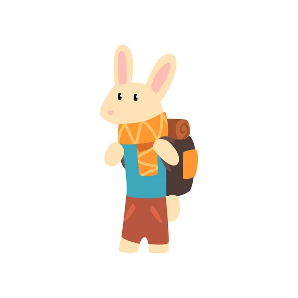 Rabbit travelling with backpack, cute cartoon animal having hiking adventure travel or camping trip vector Illustration on a white background — Stock Vector