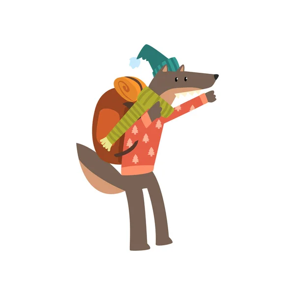 Lobo viajando con mochila, lindo animal de dibujos animados que tiene viajes de aventura de senderismo o camping vector viaje Ilustración sobre un fondo blanco — Vector de stock