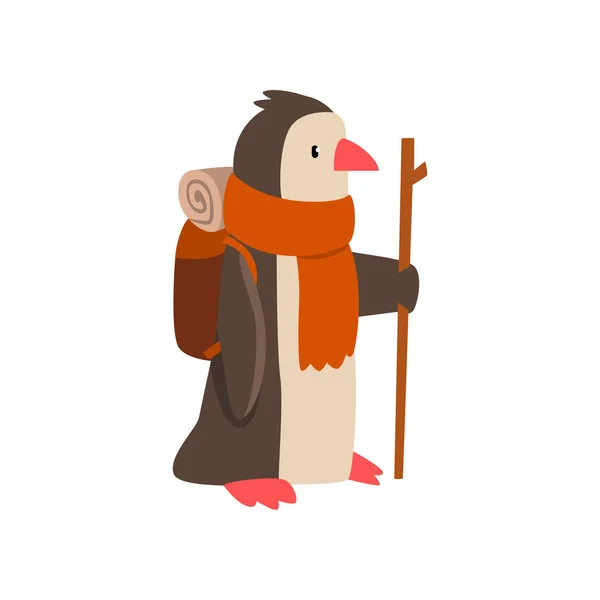 Pinguin, der mit Rucksack und Personal reist, niedlicher Cartoon-Vogel mit Wanderabenteuerreise oder Camping-Vektor-Illustration auf weißem Hintergrund — Stockvektor