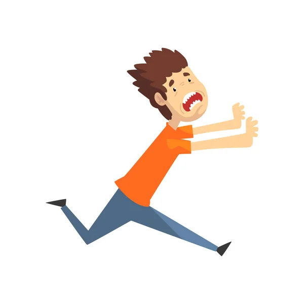 Scared and panicked young man running and shouting, emotional guy afraid of something vector Illustration on a white background — Stock Vector