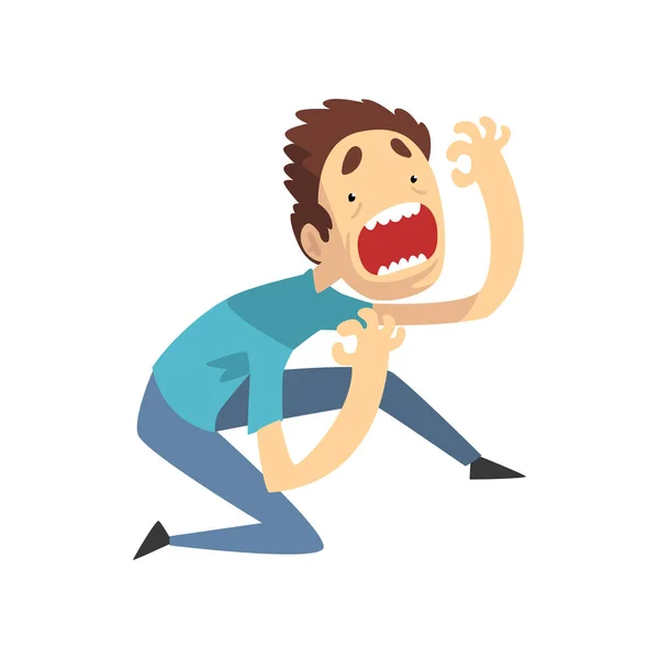 Scared and panicked young man screaming desperately, emotional guy afraid of something vector Illustration on a white background — Stock Vector