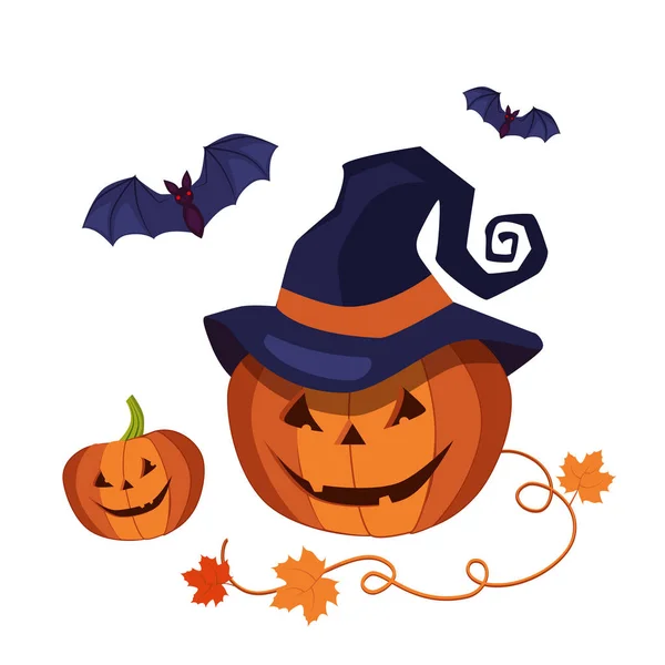 先の尖った帽子を身に着けている刻まれたハロウィンかぼちゃ — ストックベクタ