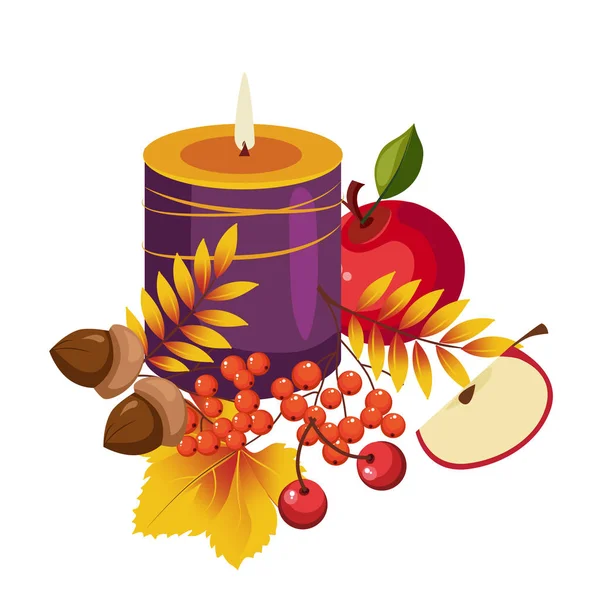 Illustration d'automne de Thanksgiving avec bougie, baies et pommes, vecteur — Image vectorielle
