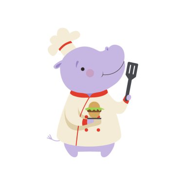 Sevimli hippo Şef holding cupcake ve spatula üniforma içinde beyaz bir arka plan üzerinde illüstrasyon vektör yemek çizgi film hayvan karakter