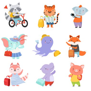 Sevimli çizgi hayvanlar ayarla, rakun, kaplan, Koala, fil, ahtapot, fox, kedi, fare, yaz tatili seyahat piglet üzerinde beyaz bir arka plan illüstrasyon vektör